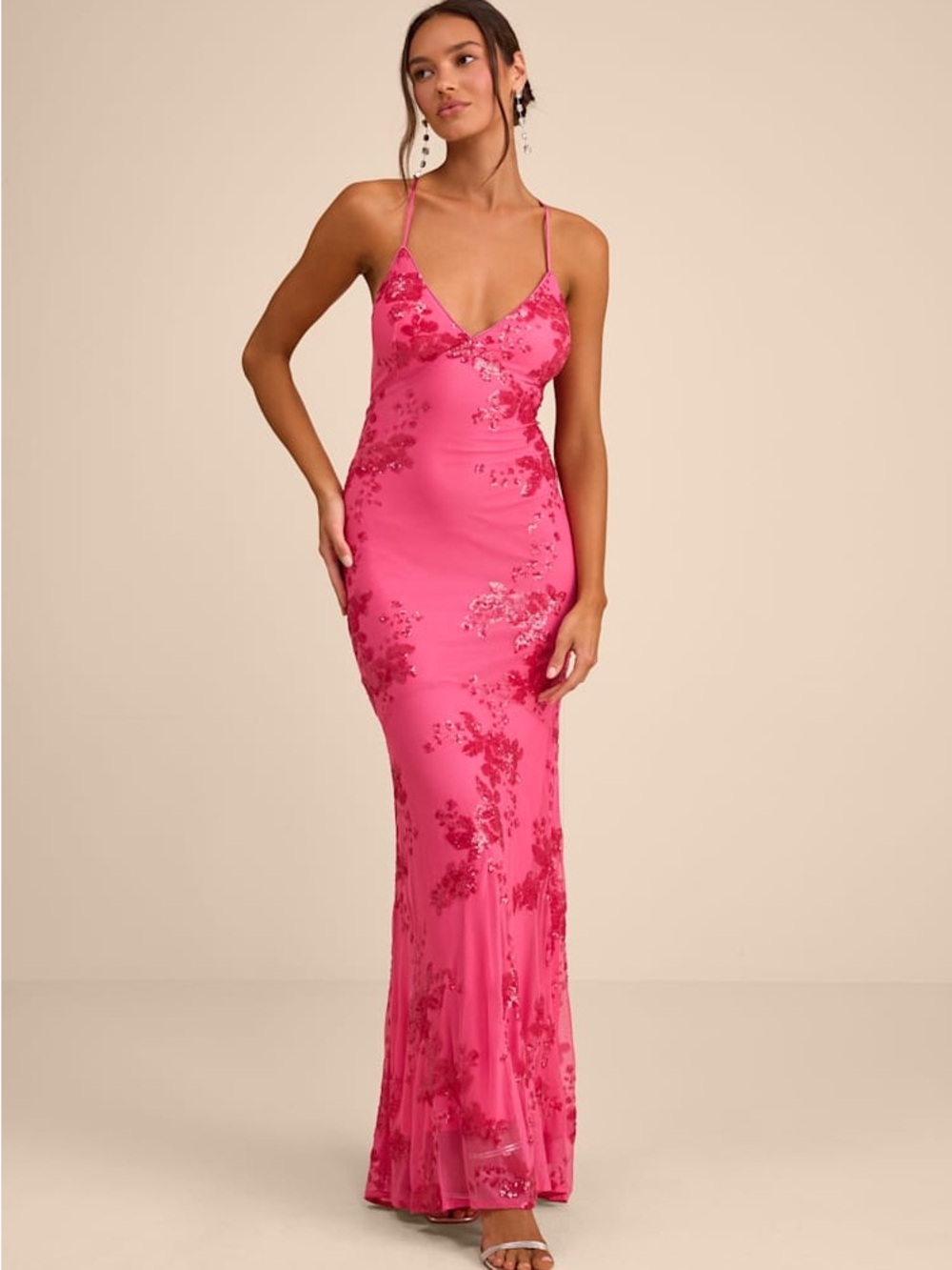 Valhalla Hot Pink Sequin Lace-Up Maxi Dress